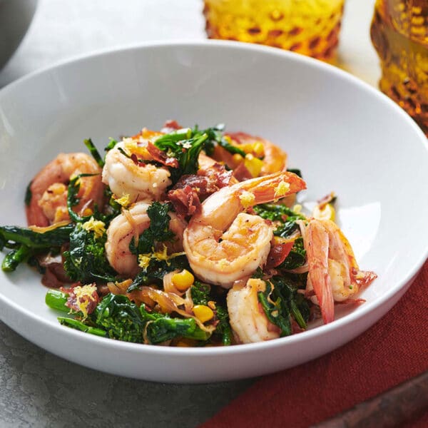 Sauteed Shrimp with Vegetables in bowl on table.