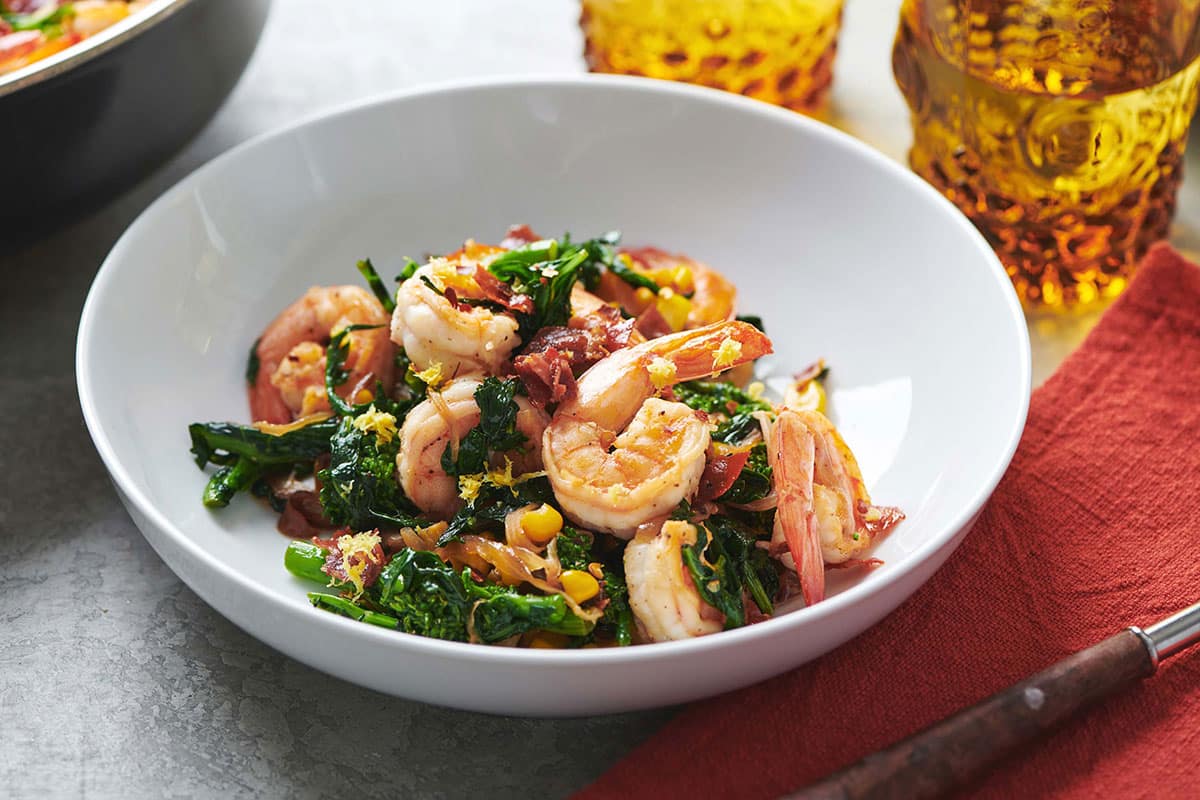 Sauteed Shrimp with Vegetables in bowl on table.