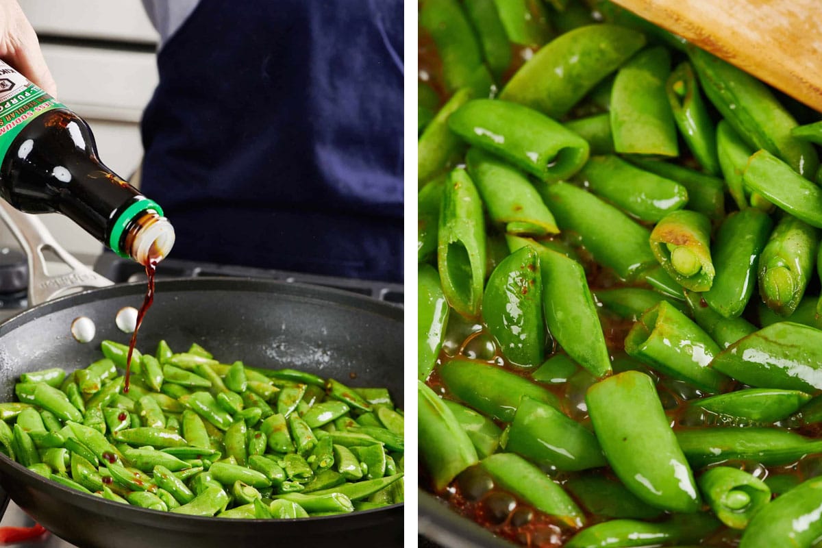 Stir-frying sugar snap peas with soy sauce glaze.