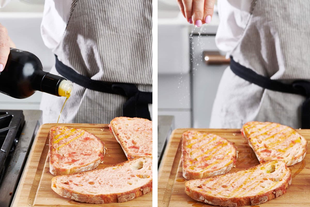 Drizzling olive oil and sprinkling salt on pan con tomate.