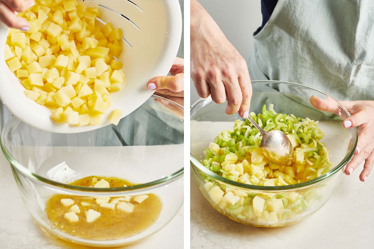 Pouring cubed potatoes from colander and mixing with celery in bowl.