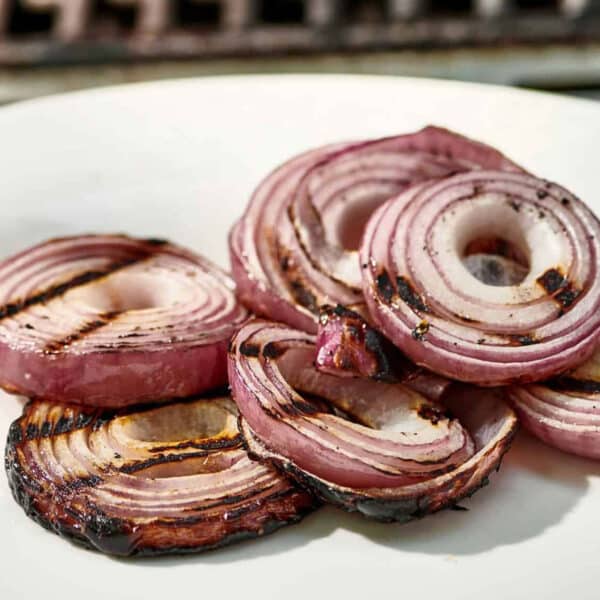 Pile of grilled onions on plate.