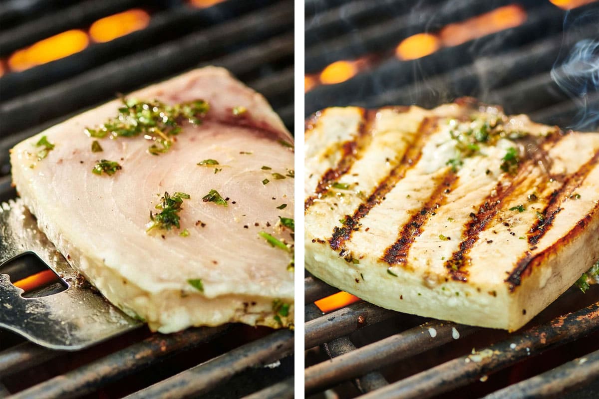 Spatula flipping Swordfish cooking on a grill.