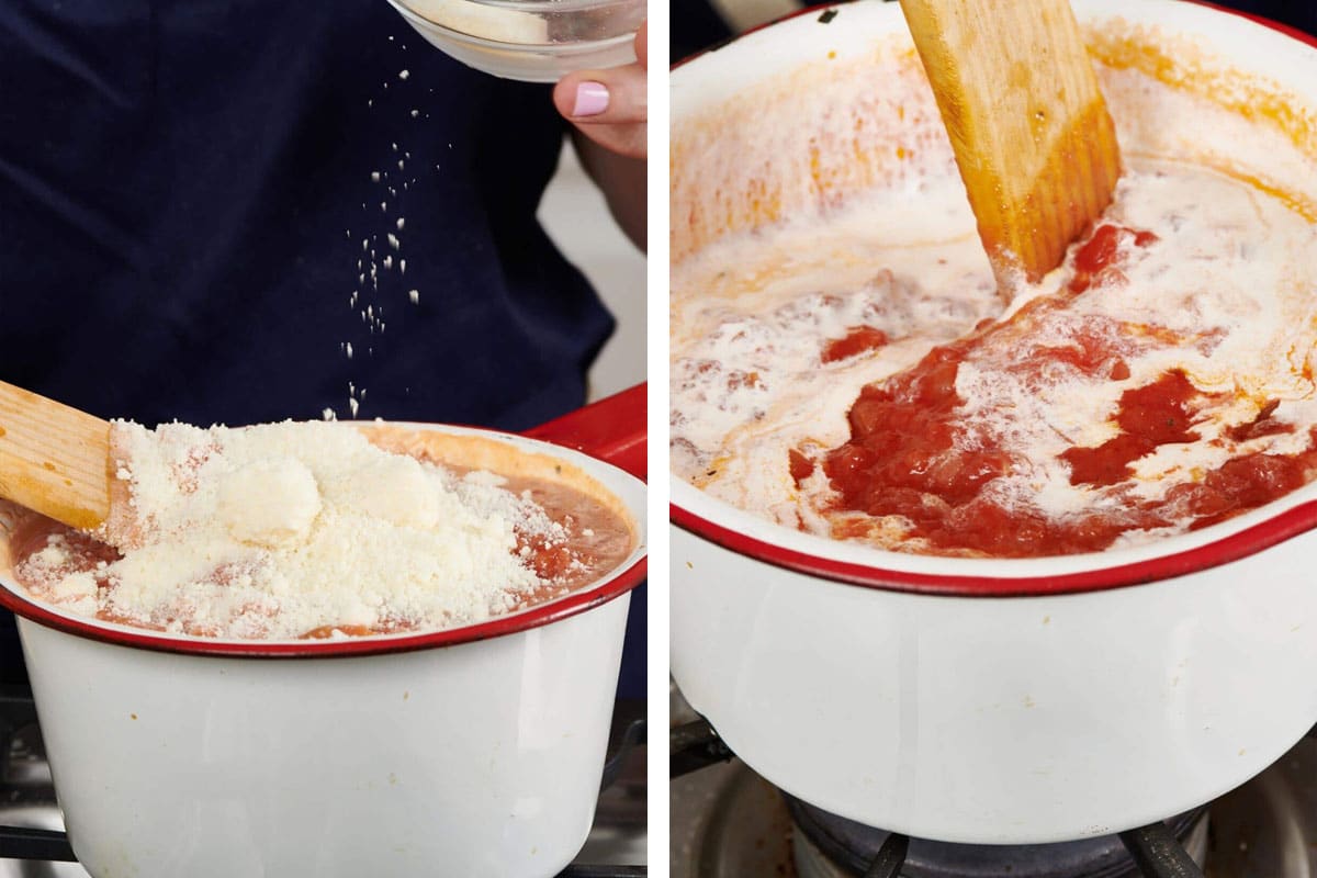 Woman stirring Parmesan into a pot of tomato cream sauce.