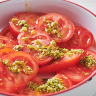 Sliced Tomatoes with Green Olive Tapenade Dressing