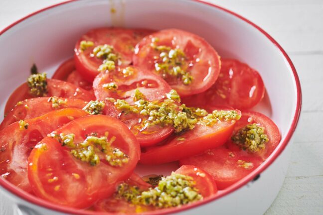 Sliced Tomatoes with Green Olive Tapenade Dressing