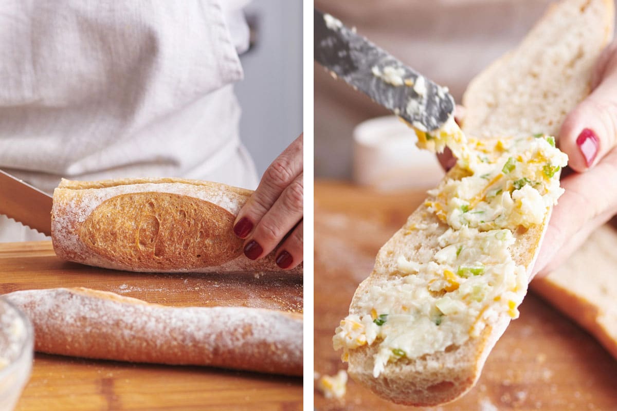Woman slicing a baguette and spreading it with garlic butter.