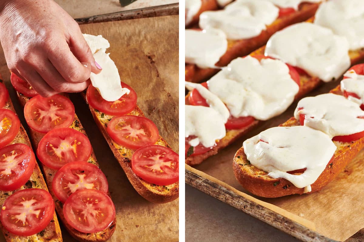 Adding sliced tomatoes and melting mozzarella over garlic bread baguettes.