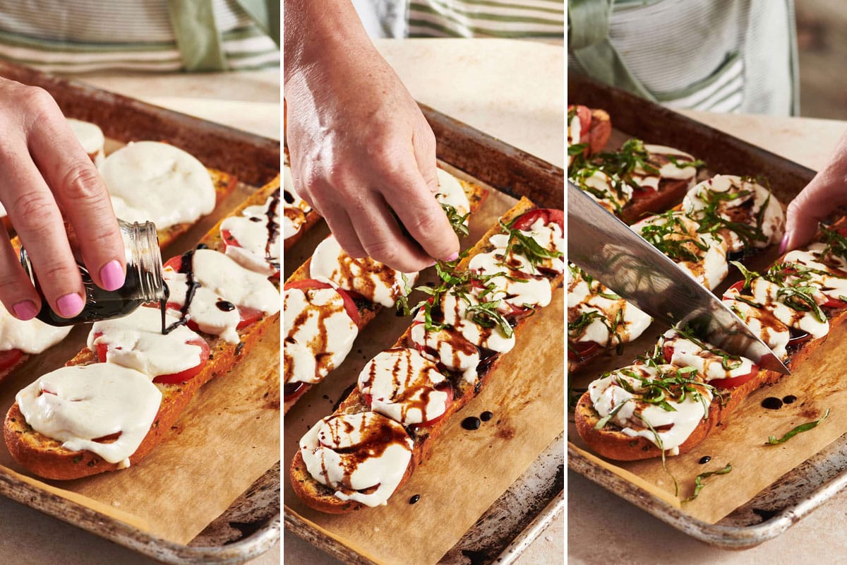 Adding balsamic glaze and basil then cutting Caprese garlic bread.