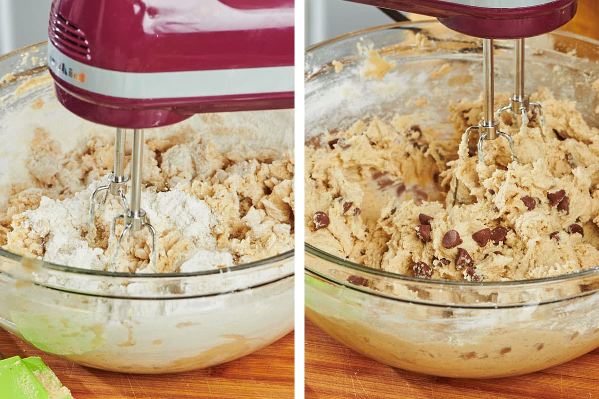 Mixing cookie dough with chocolate chips.