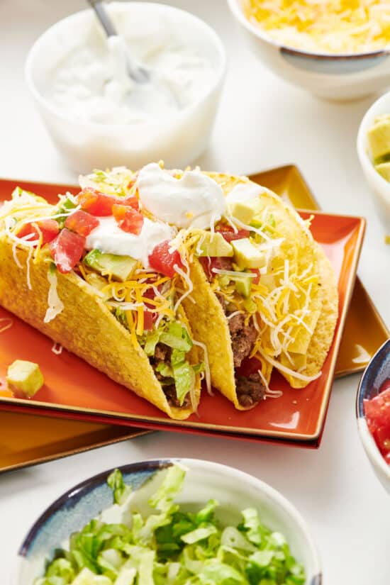 Ground Beef Tacos on a rectangle plate.