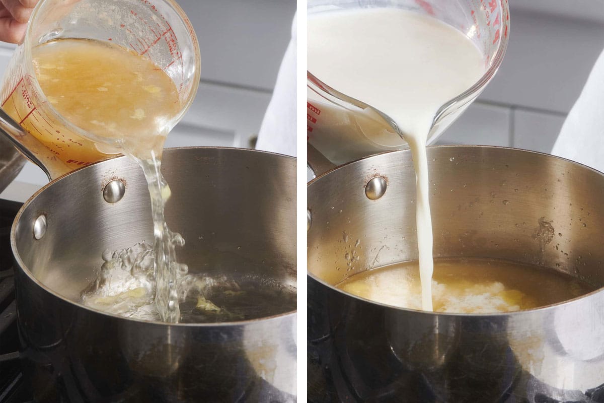 Pouring broth and milk into saucepan on stove.