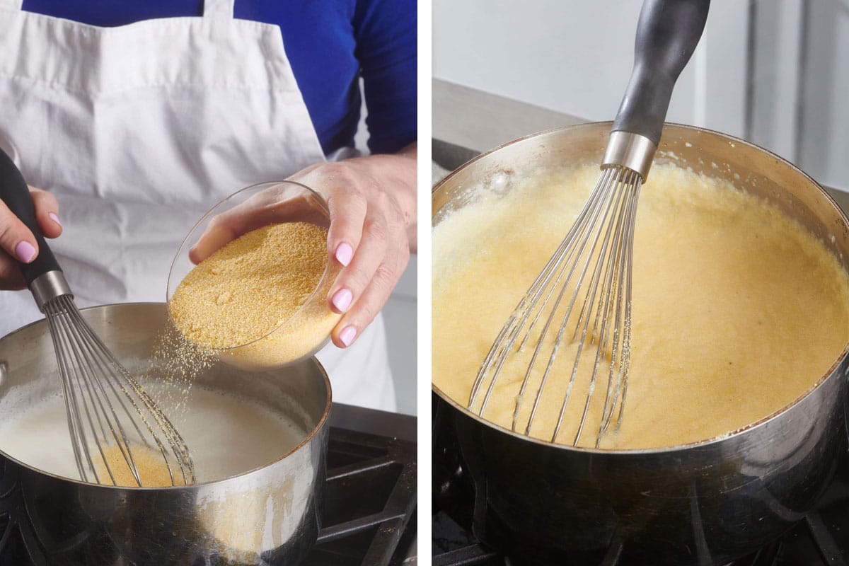 Woman pouring polenta into a pot while also whisking the pot.