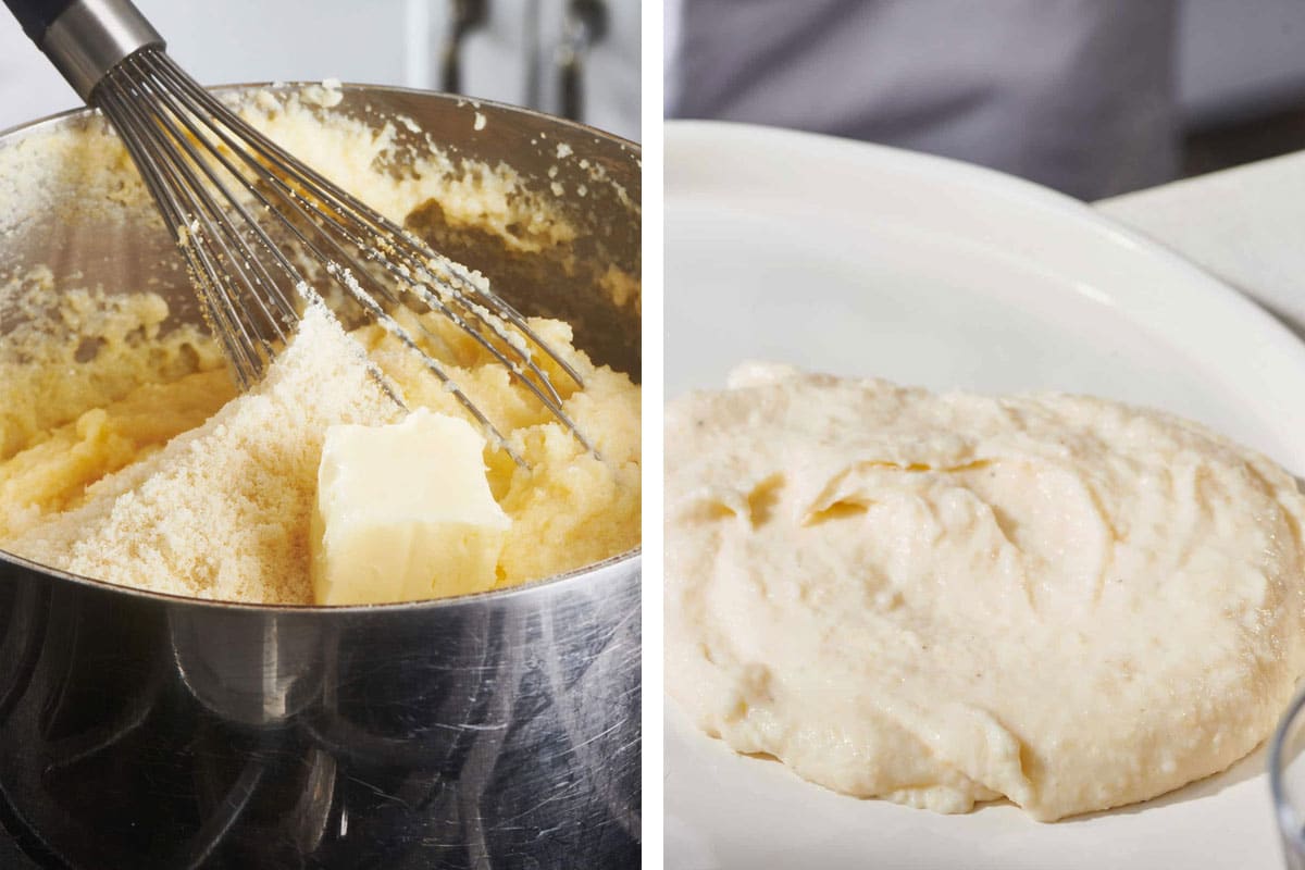 Whisking butter and Parmesan into polenta and serving on white plate.