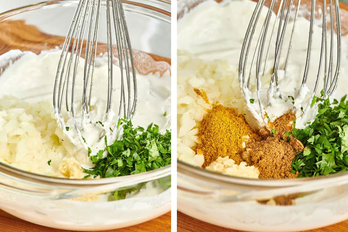 Mixing curry spices into yogurt marinade with whisk.
