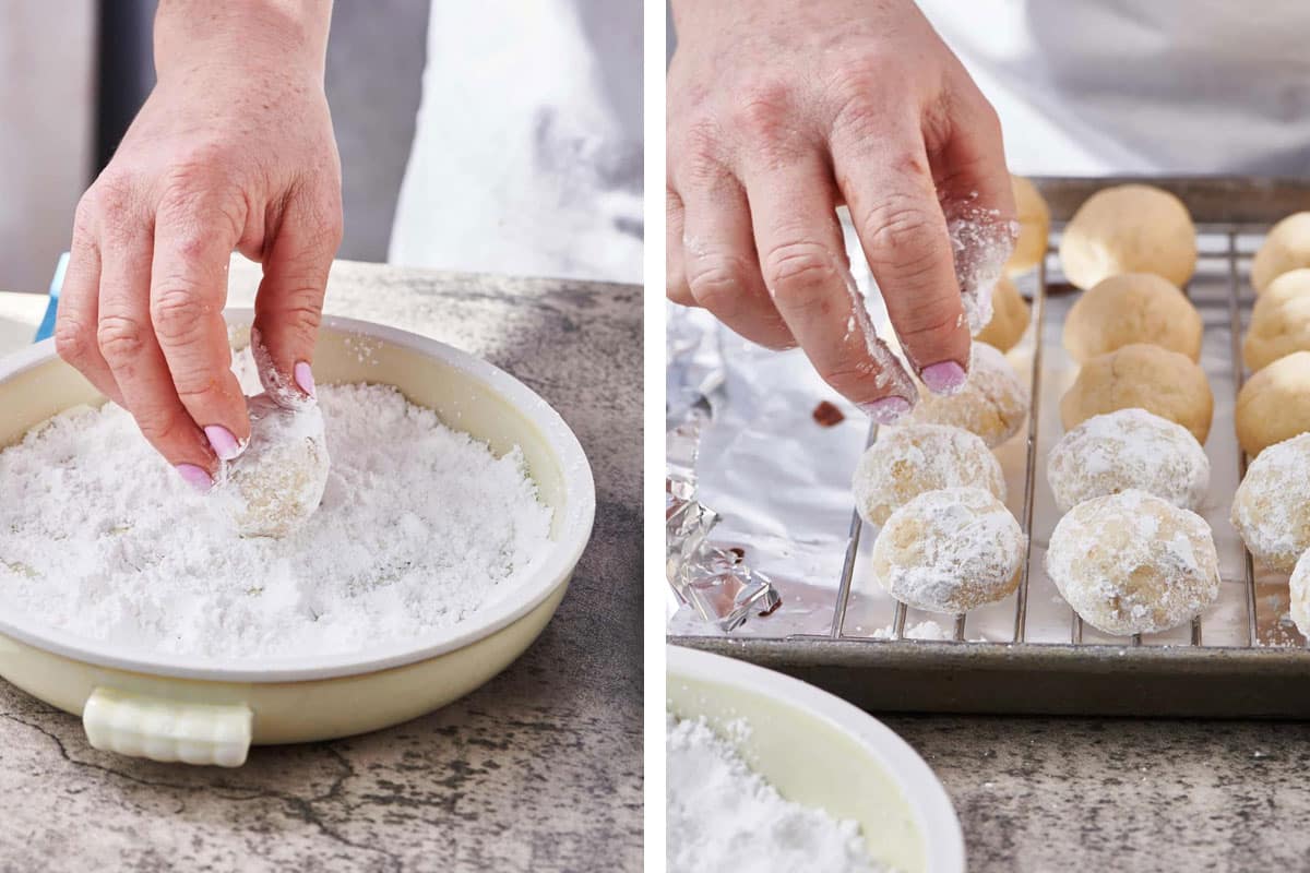 Woman rolling Snowball Cookies in powdered sugar and placing on wire rack.