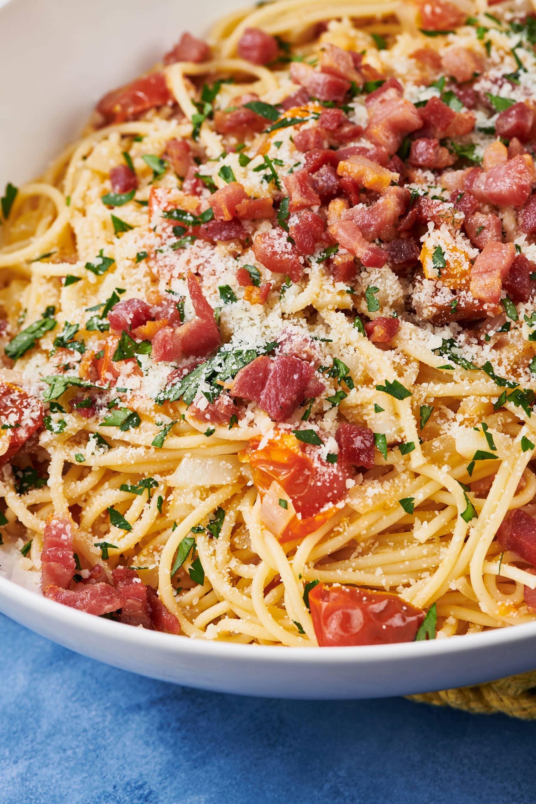 Serving dish of Pancetta Pasta with Tomatoes.