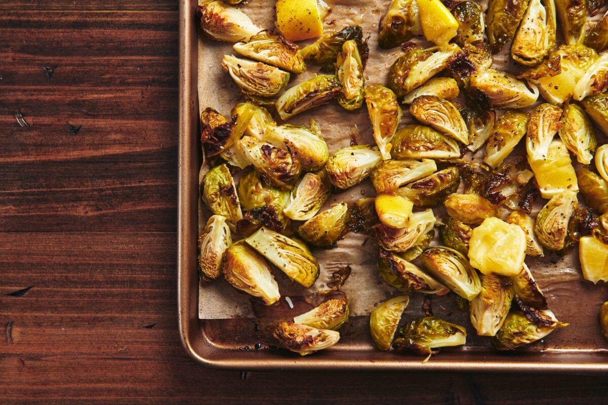 Roasted Brussels Sprouts on baking sheet.