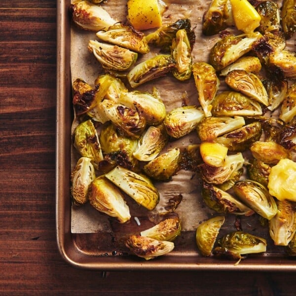 Roasted Brussels Sprouts on baking sheet.