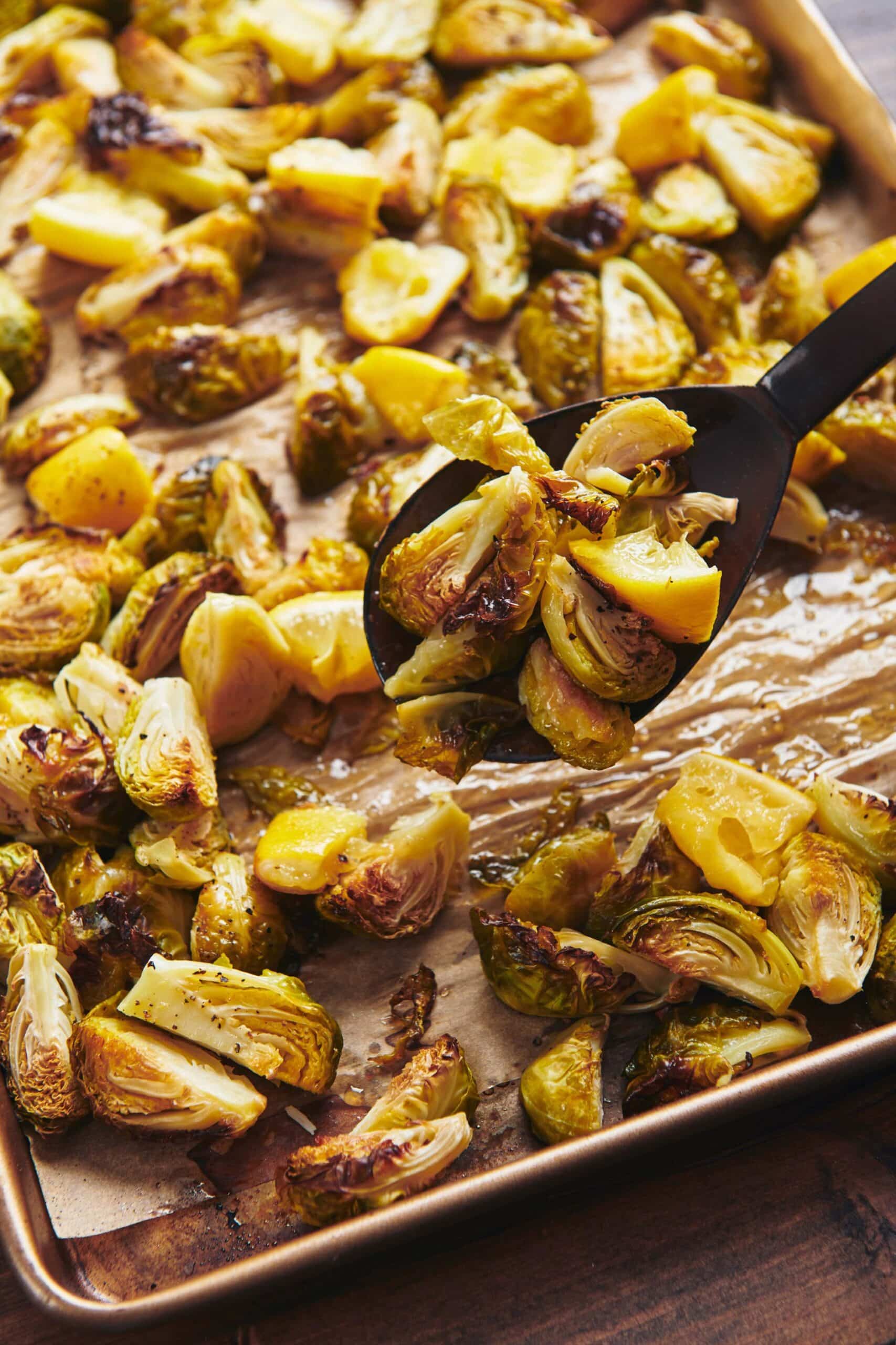 Roasted Lemon Brussels Sprouts on a baking sheet.