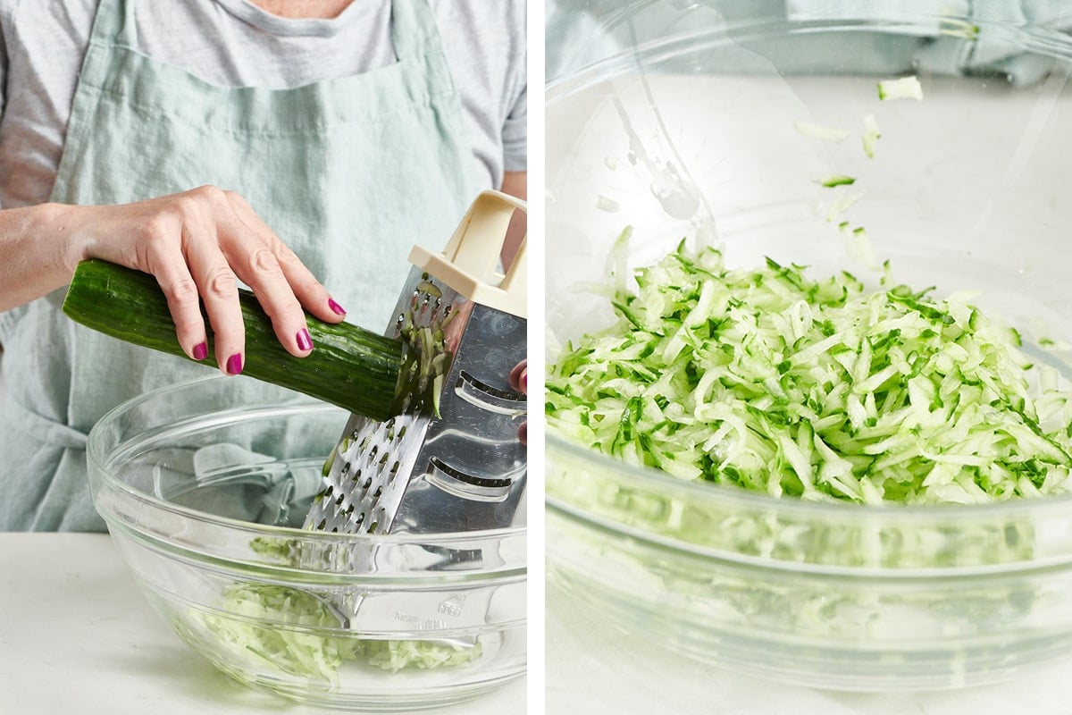 Woman grating fresh cucumber into bowl with box grater.