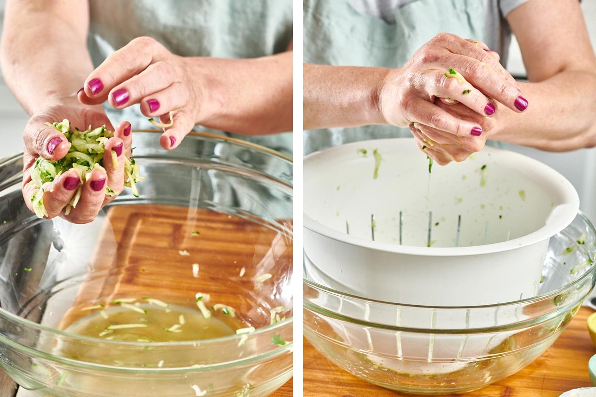 Woman squeezing water from salted, shredded cucumber over colandar.
