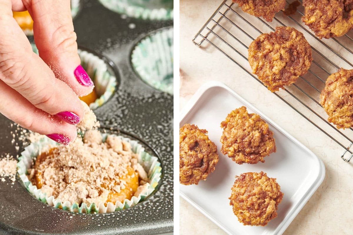 Adding streusel to muffins and cooling baked apple muffins on rack.