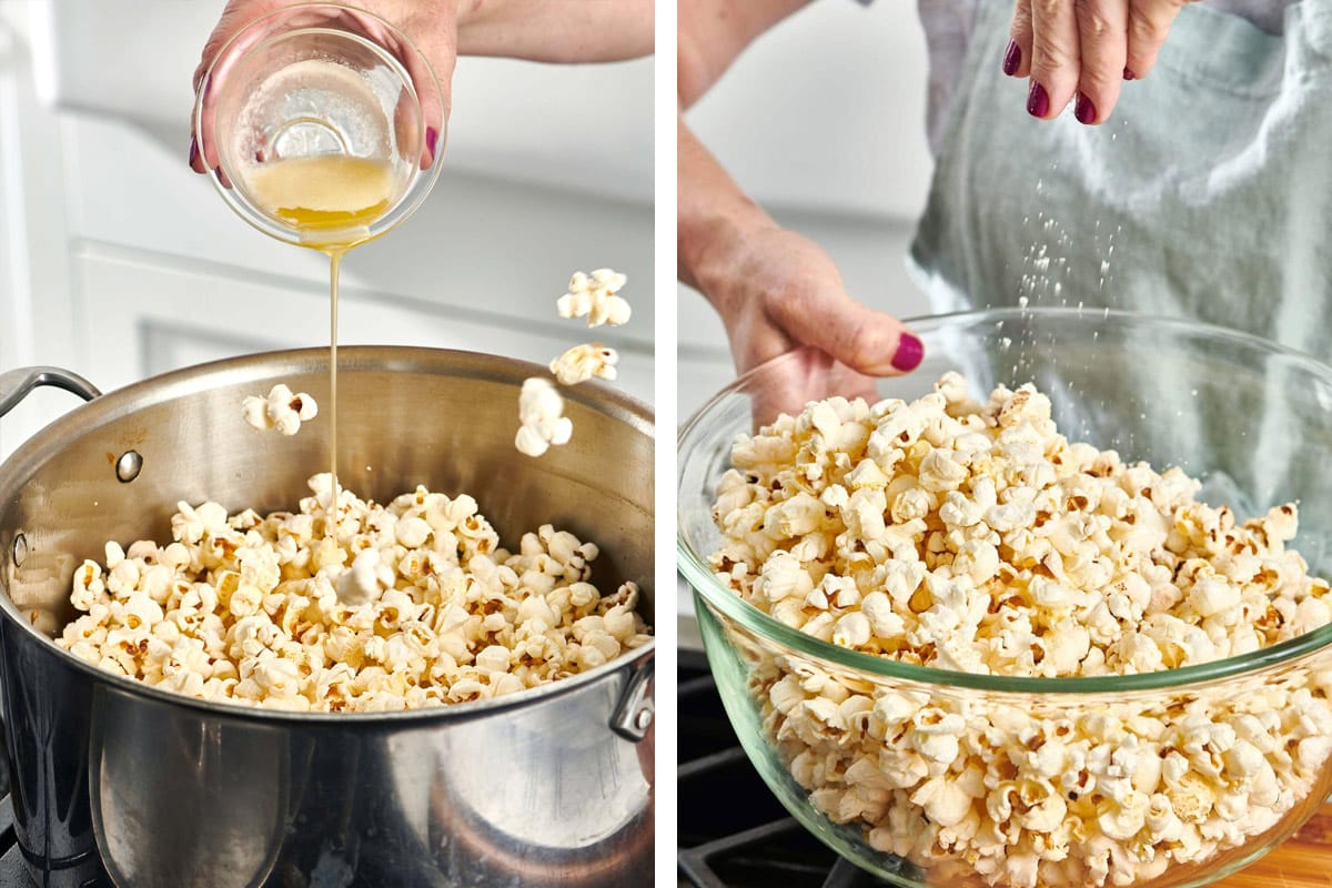 Woman adding butter and salt to stovetop popcorn.