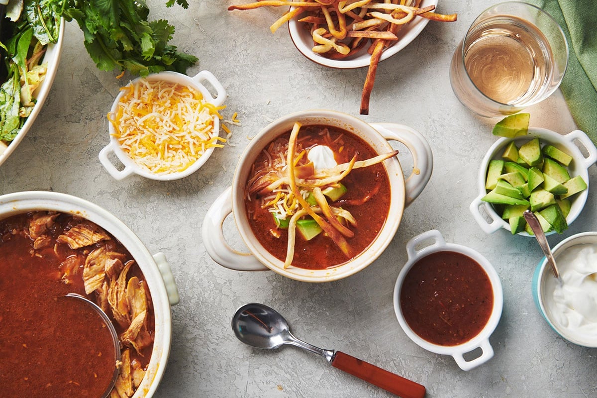 Ladle in a pot of Mexican Chicken Tortilla Soup.
