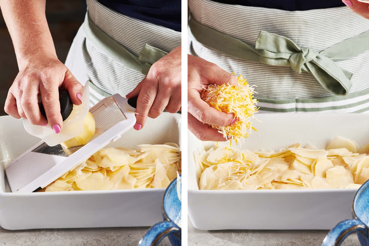Slicing potato with mandolin and topping with cheese.