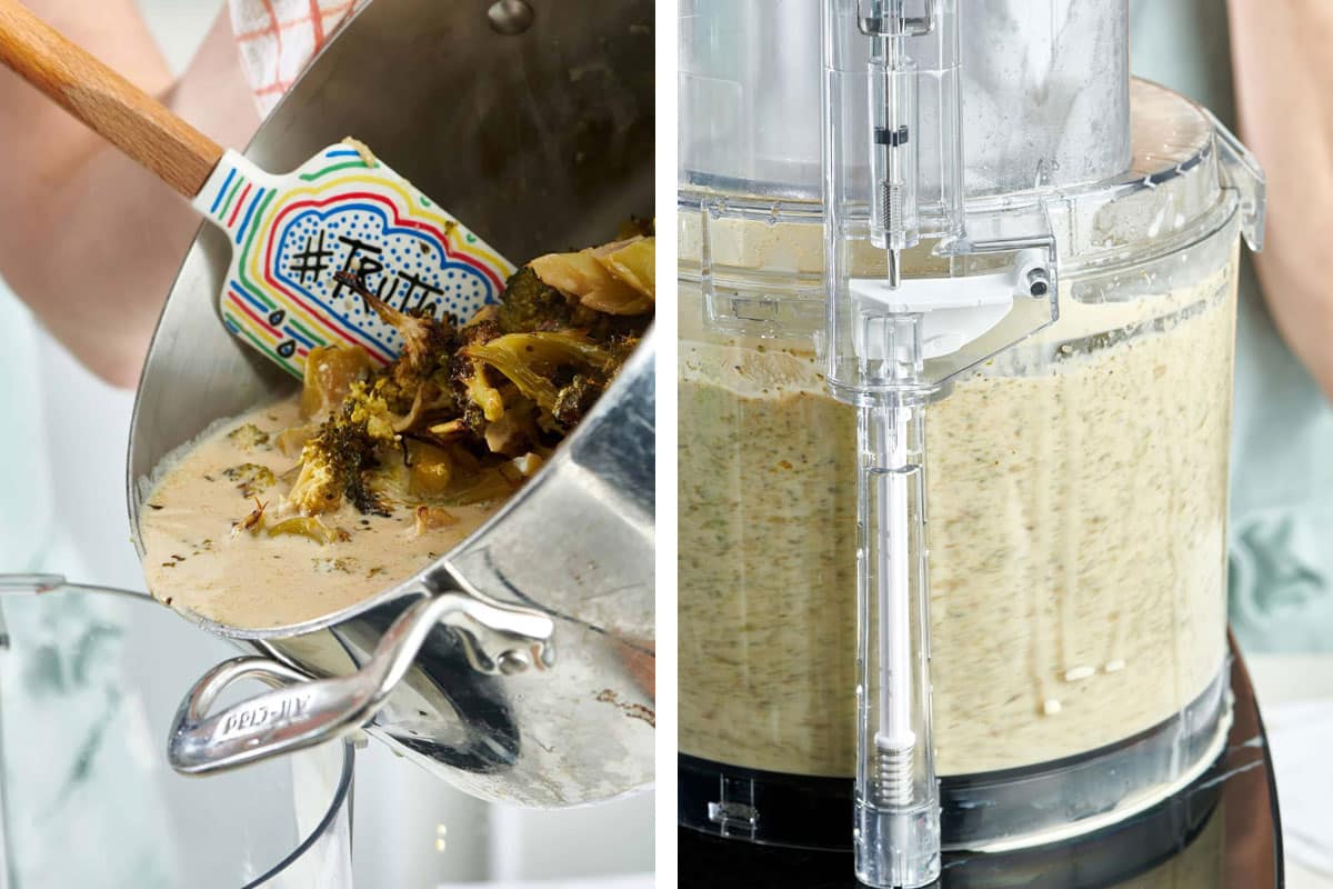 Blending broccoli cheddar soup in food processor.