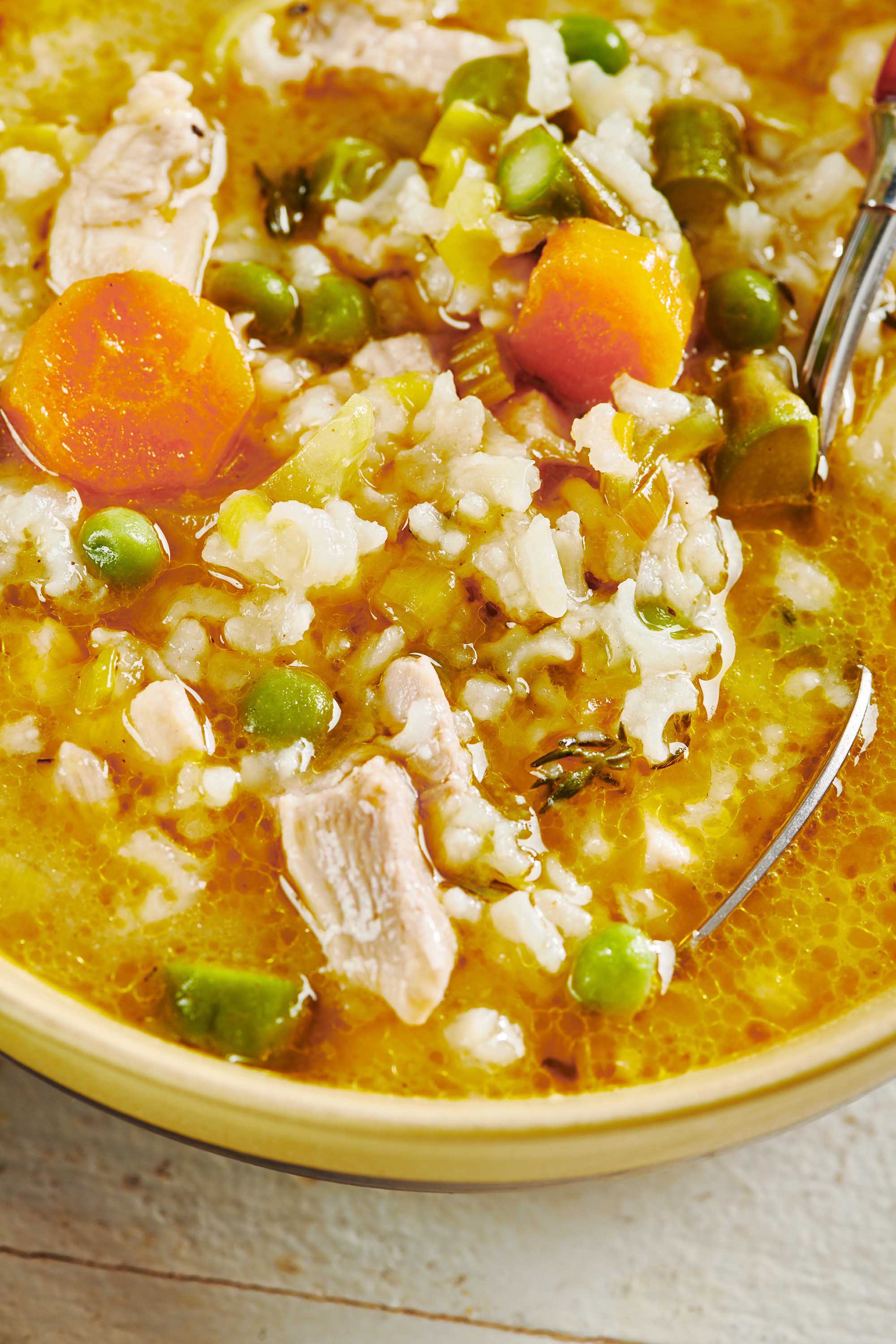 Spoon in a bowl of Chicken and Rice Soup.