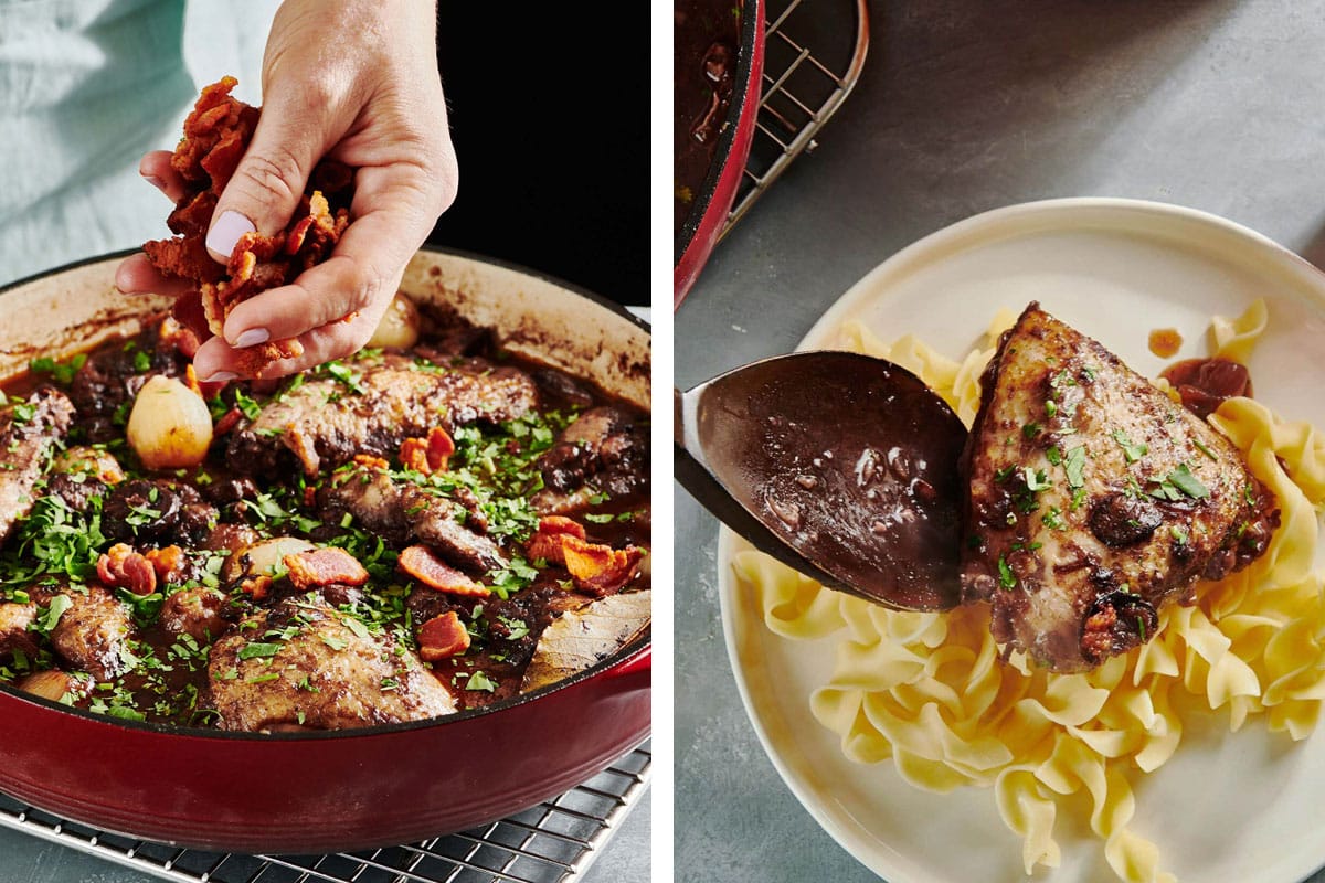 Adding bacon to coq au vin in pot and serving chicken over egg noodles.