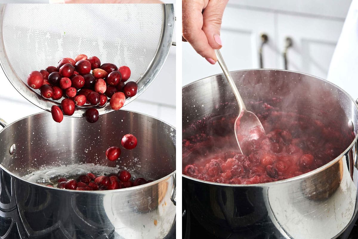 Adding cranberries to pot on stove and cooking down into sauce.
