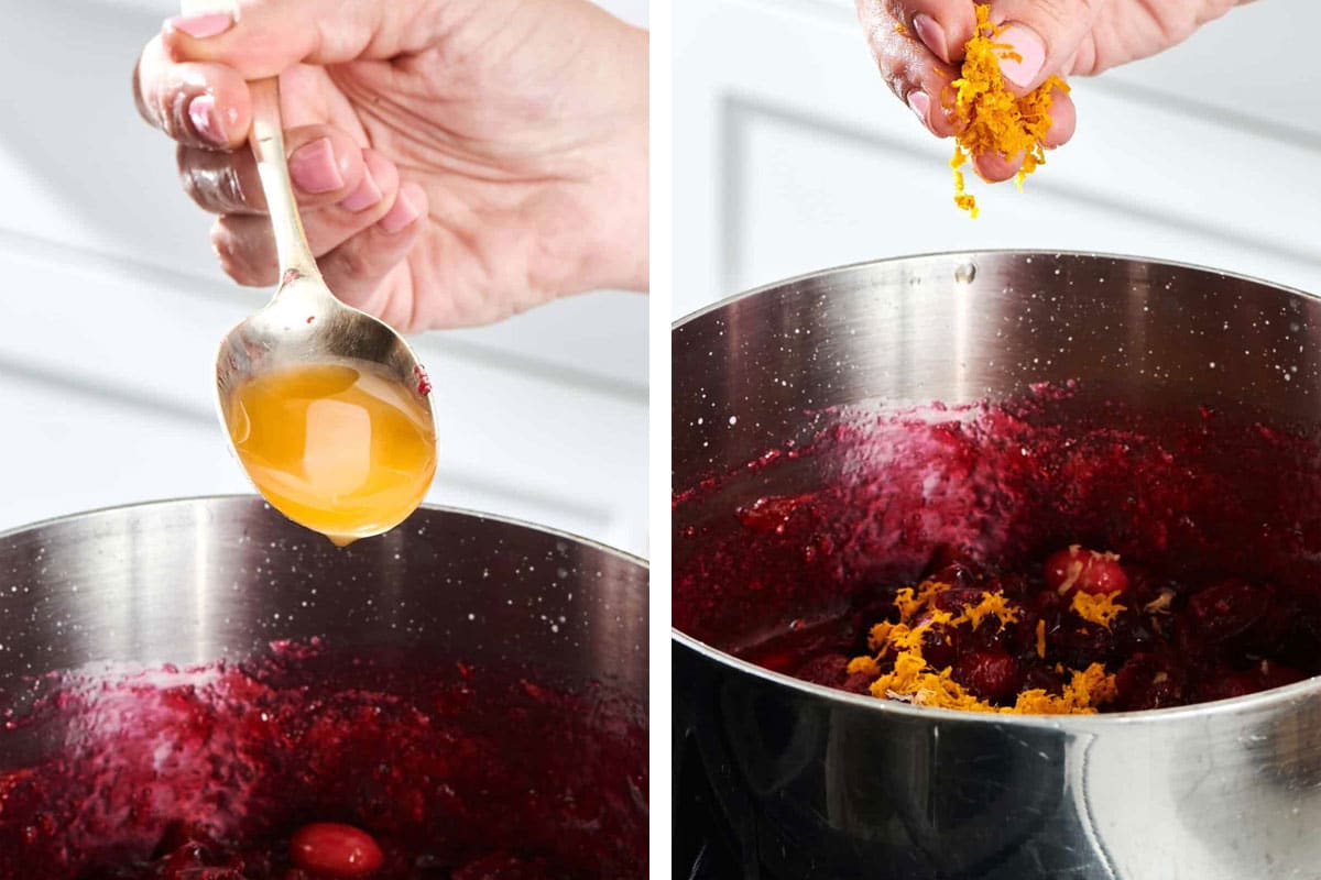 Adding orange juice and citrus zest to pot of cranberry sauce on stove.
