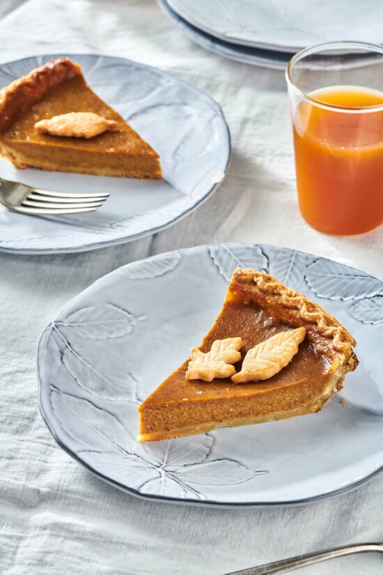 Slices of Pumpkin Pie on small plates.