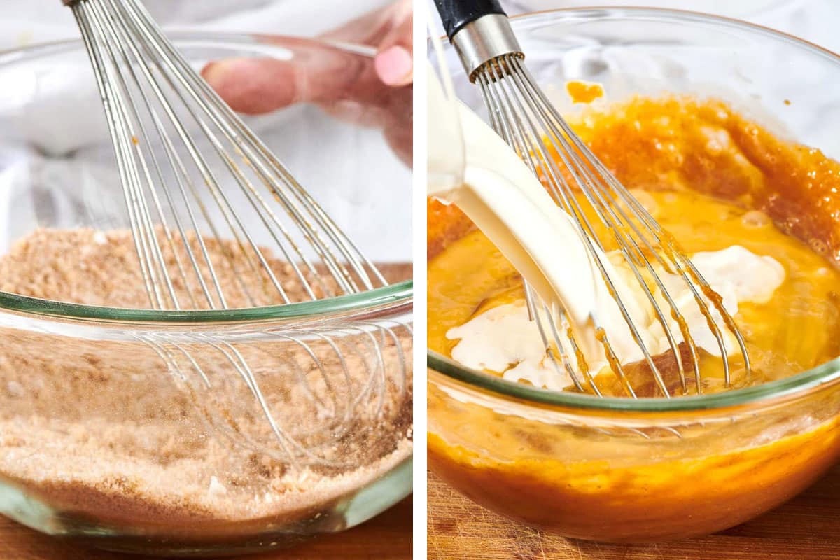Whisking pumpkin pie batter in glass mixing bowl.