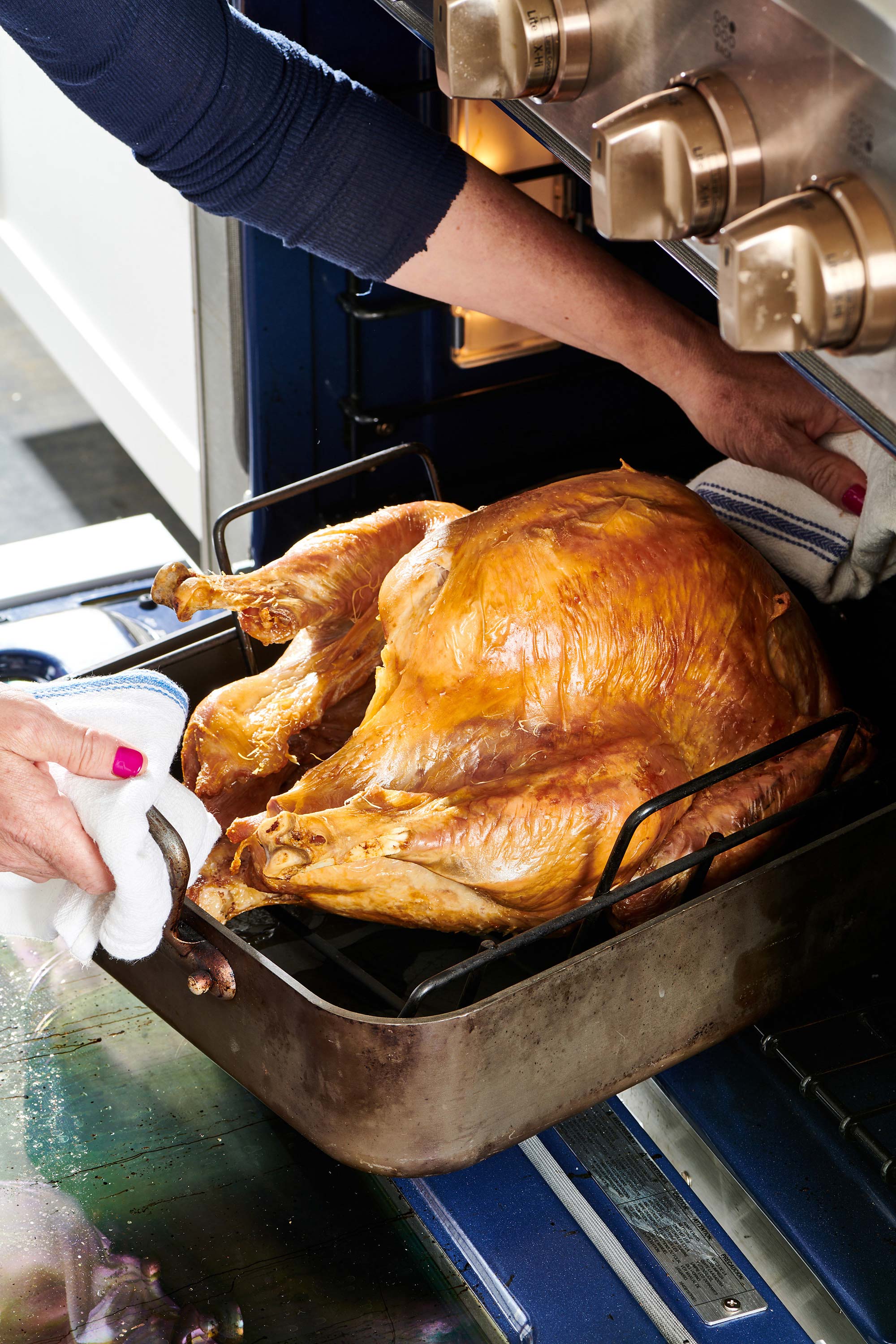 Woman removing a roasted turkey from the oven.