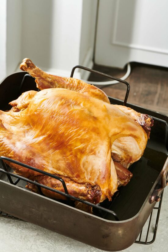 Whole turkey in a roasting pan.