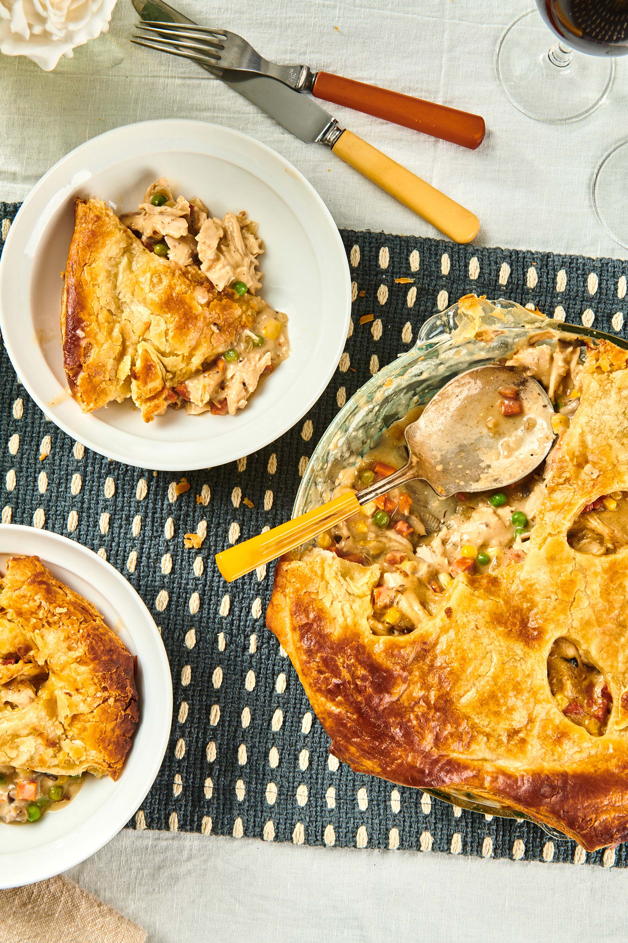 Turkey Pot Pie on plates and in a pan.