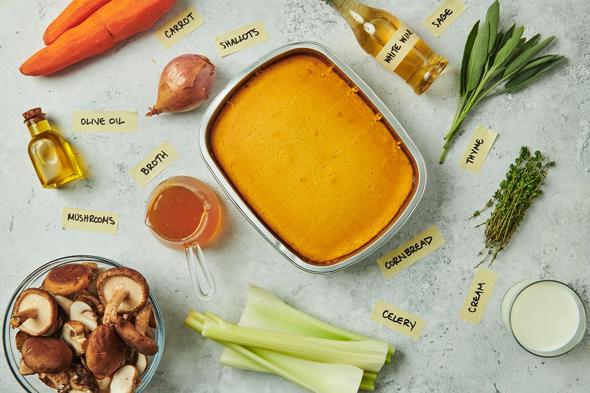 Cornbread, veggies, and other dressing ingredients.
