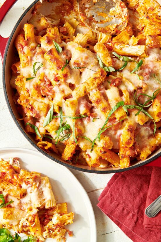 Baked Ziti in a pan and on a plate.