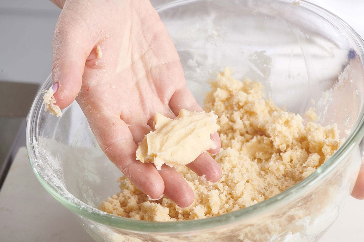 Woman holding a solid piece of shortbread cookie dough.