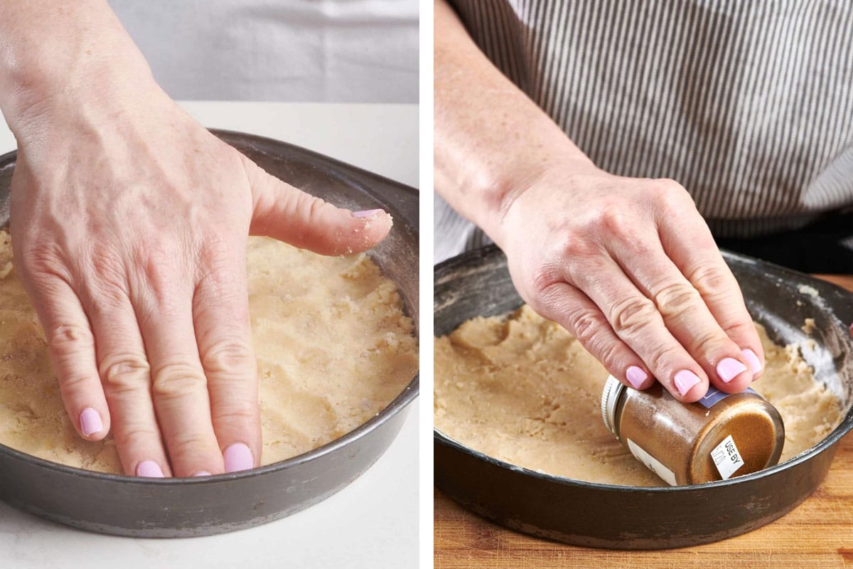 Woman pressing shortbread dough into pan and rolling with jar.