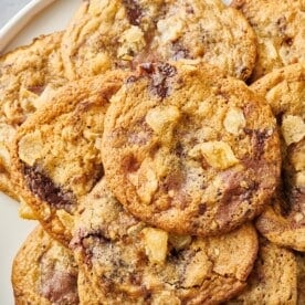 Kitchen Sink Cookies on white serving tray.
