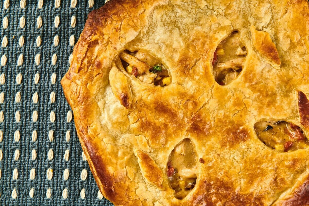 Turkey Pot Pie on a blue and white trivet.