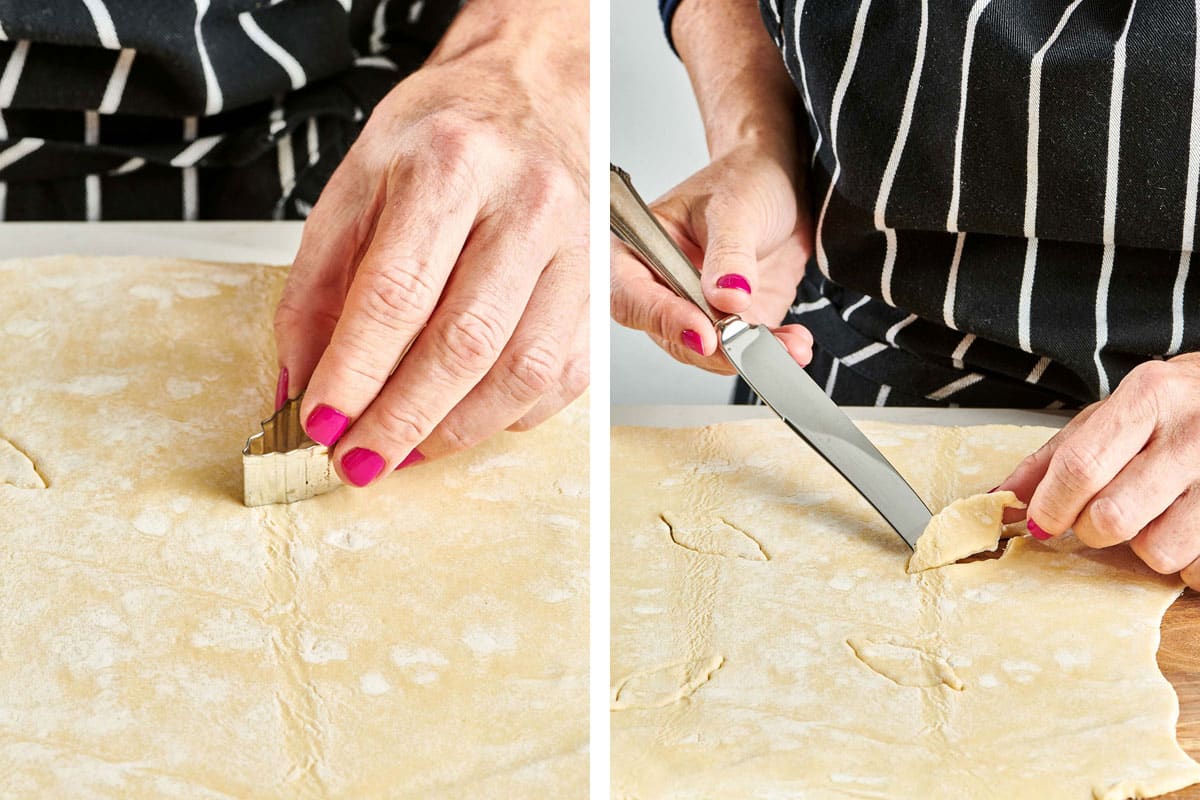 Woman cutting shapes from puff pastry.