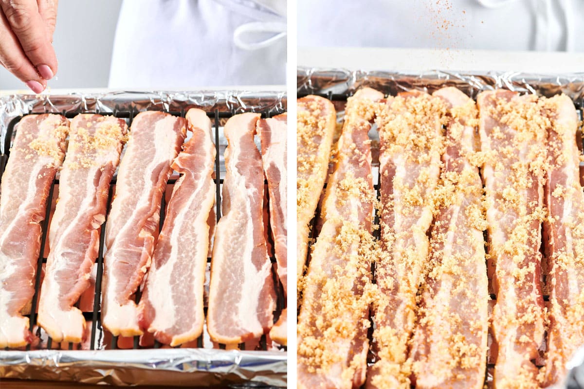 Seasoning raw bacon slices with brown sugar and spice.