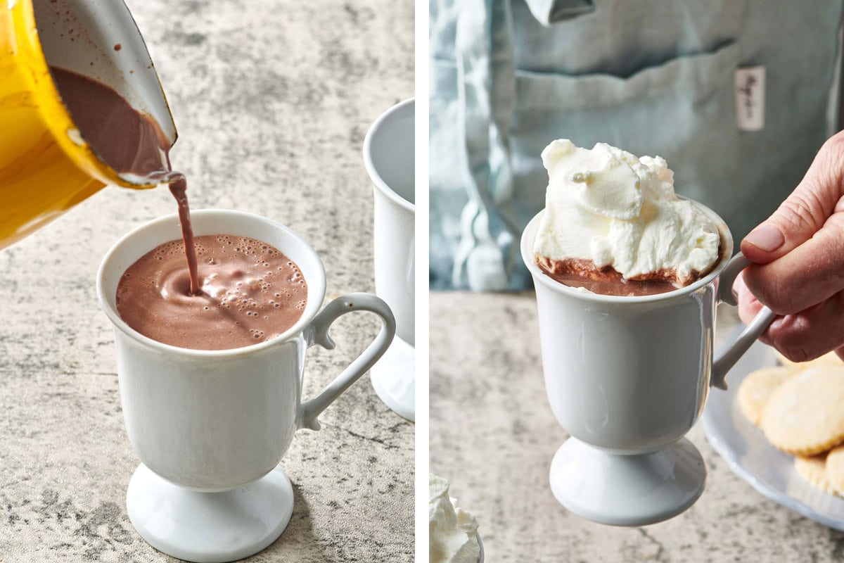 Pouring homemade hot chocolate into mug and serving with dollop of whipped cream