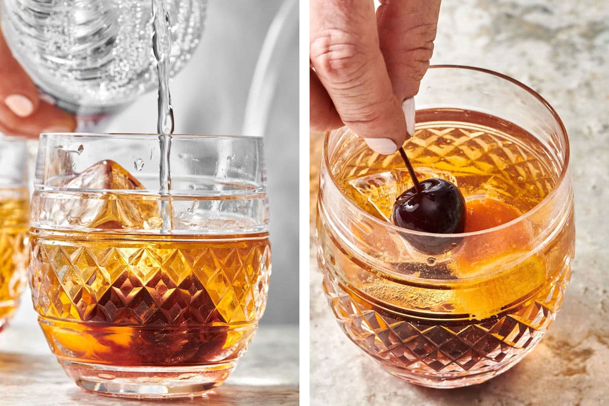 Pouring club soda into Old-Fashioned Cocktail and garnishing with cherry.